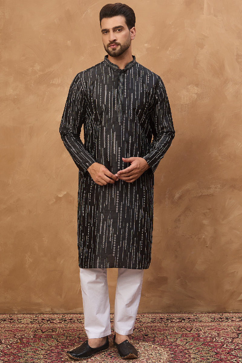 Black Silk Blend Geometric Printed Straight Kurta