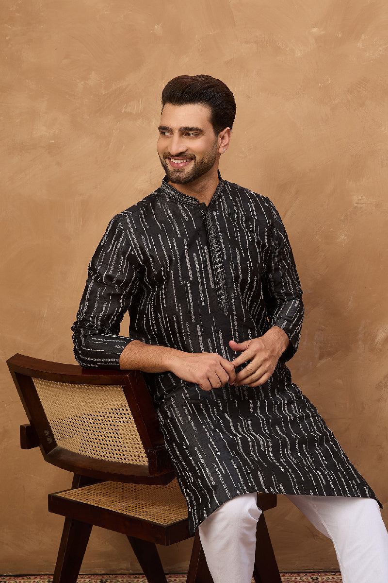 black silk blend geometric printed straight kurta with pant set