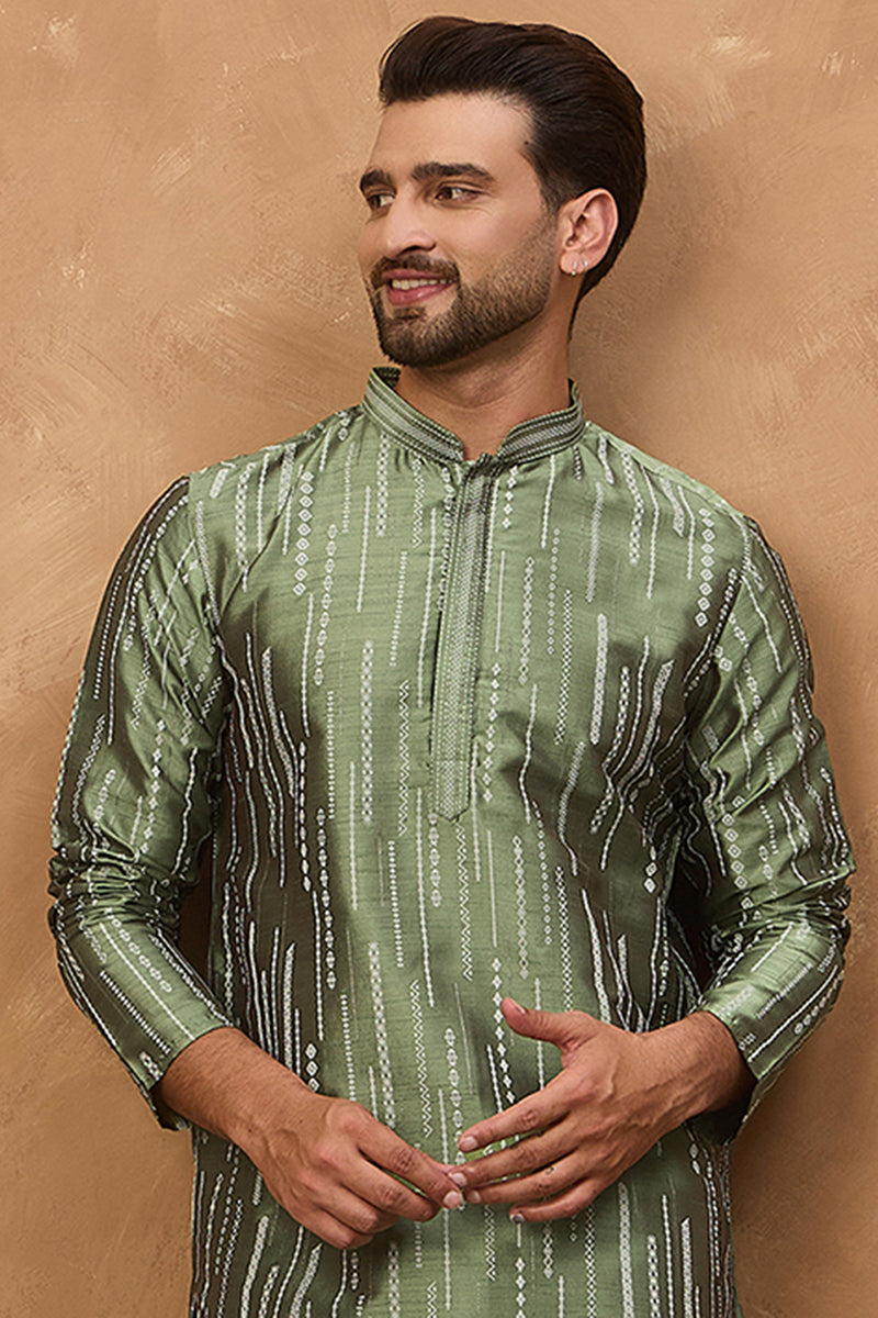 green silk blend geometric embroidered straight kurta