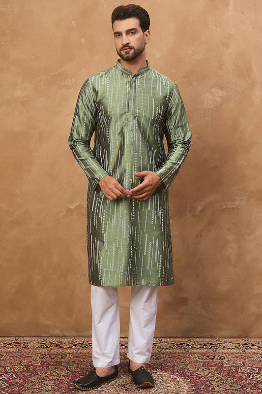 green silk blend geometric embroidered straight kurta