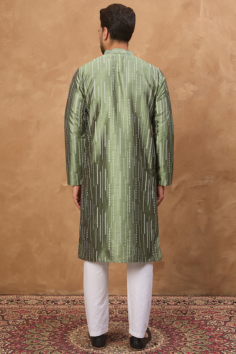 green silk blend geometric embroidered straight kurta