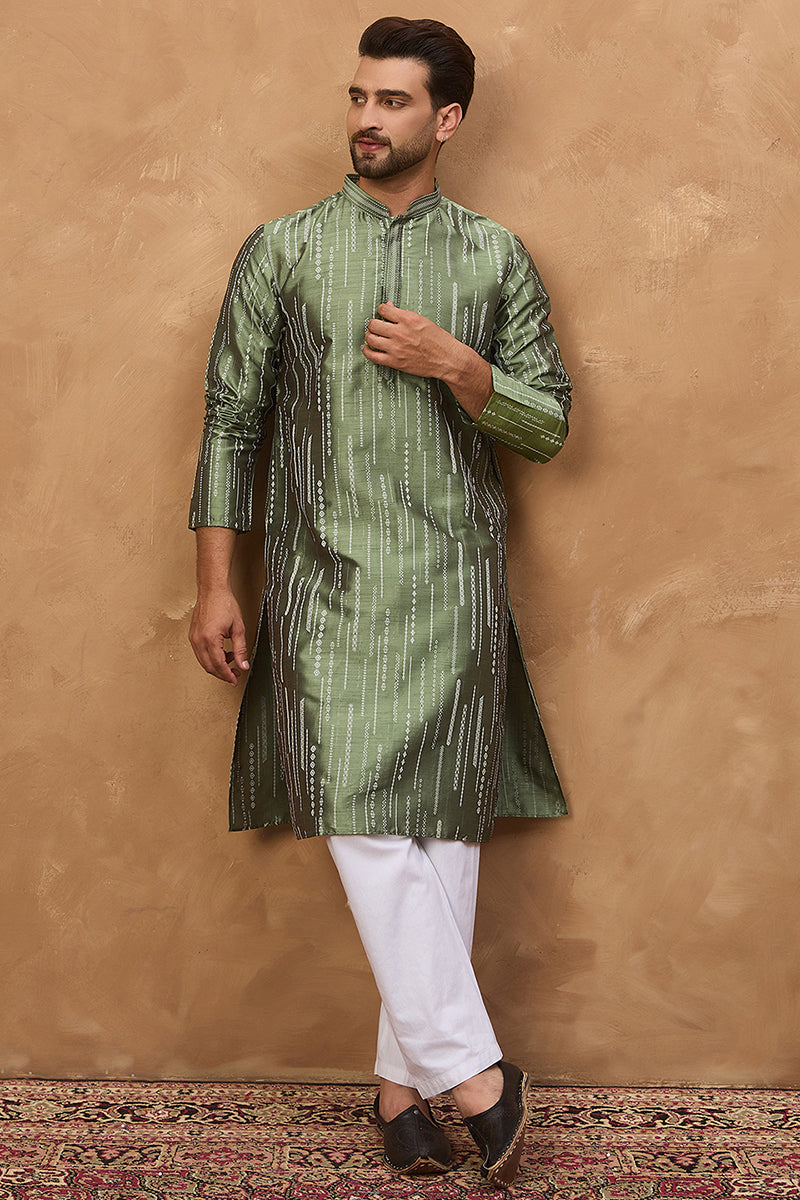 green silk blend geometric embroidered straight kurta