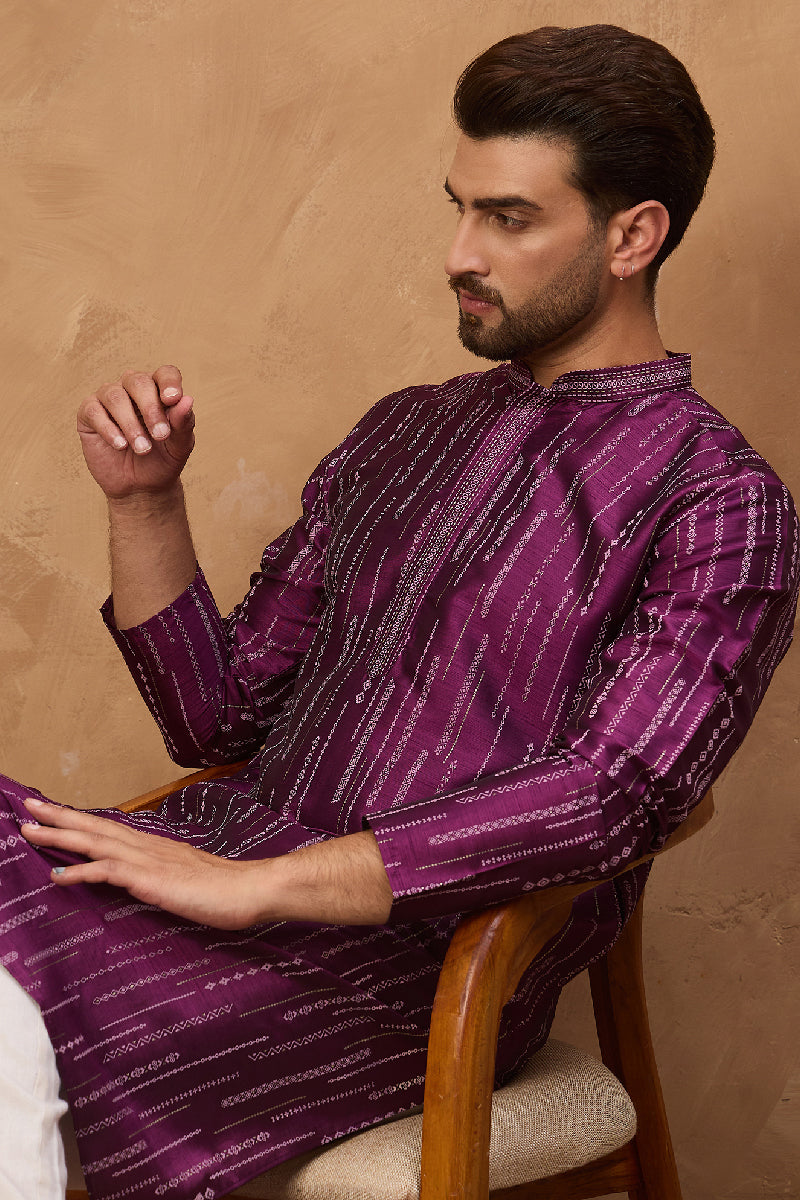Purple Silk Blend Geometric Printed Straight Kurta With Pant Set MKSET1518