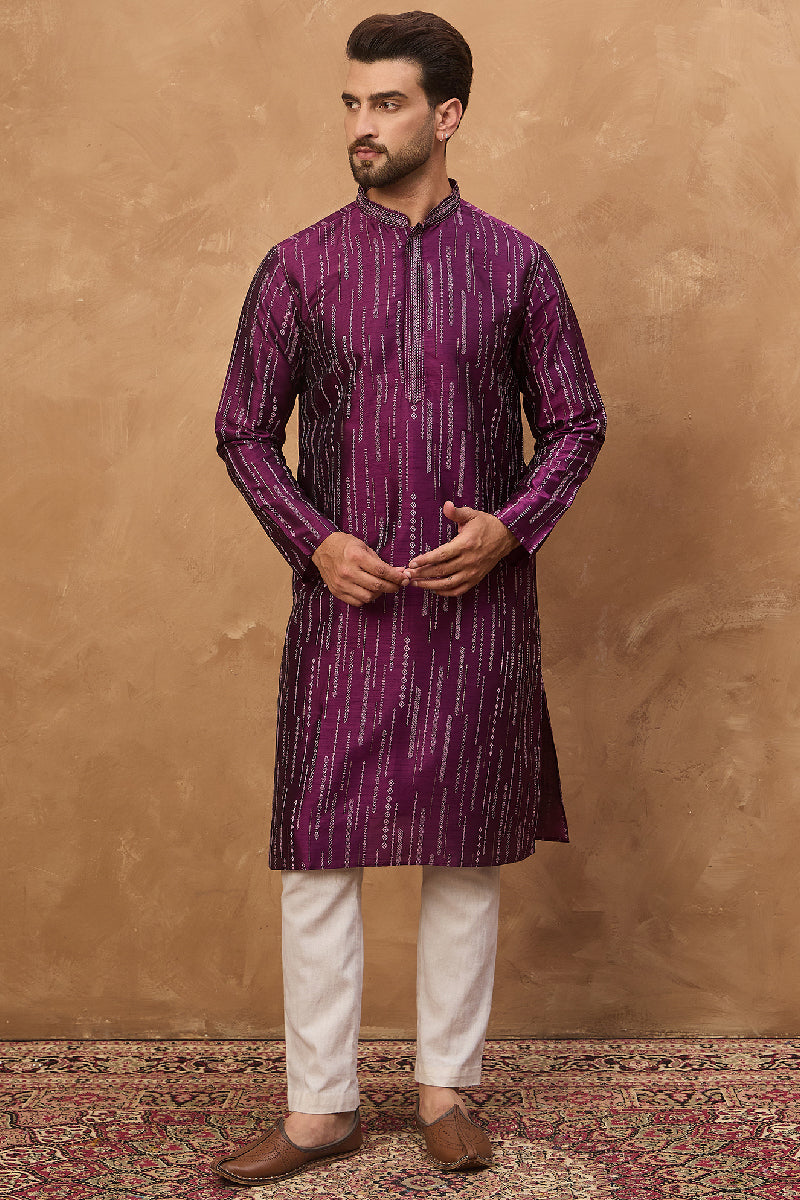 Purple Silk Blend Geometric Printed Straight Kurta With Pant Set MKSET1518