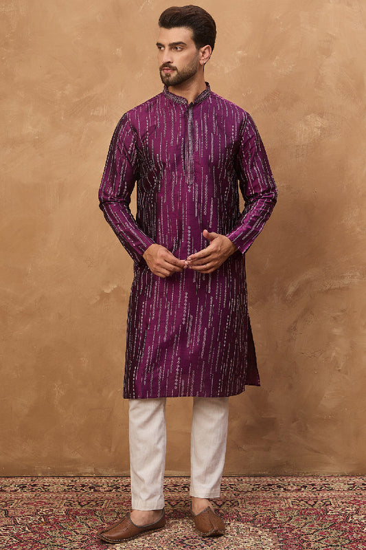 Purple Silk Blend Geometric Printed Straight Kurta With Pant Set MKSET1518