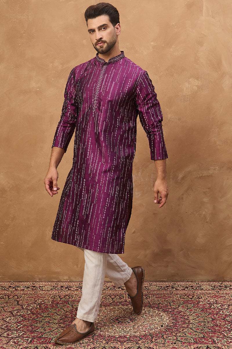 Purple Silk Blend Geometric Printed Straight Kurta With Pant Set MKSET1518