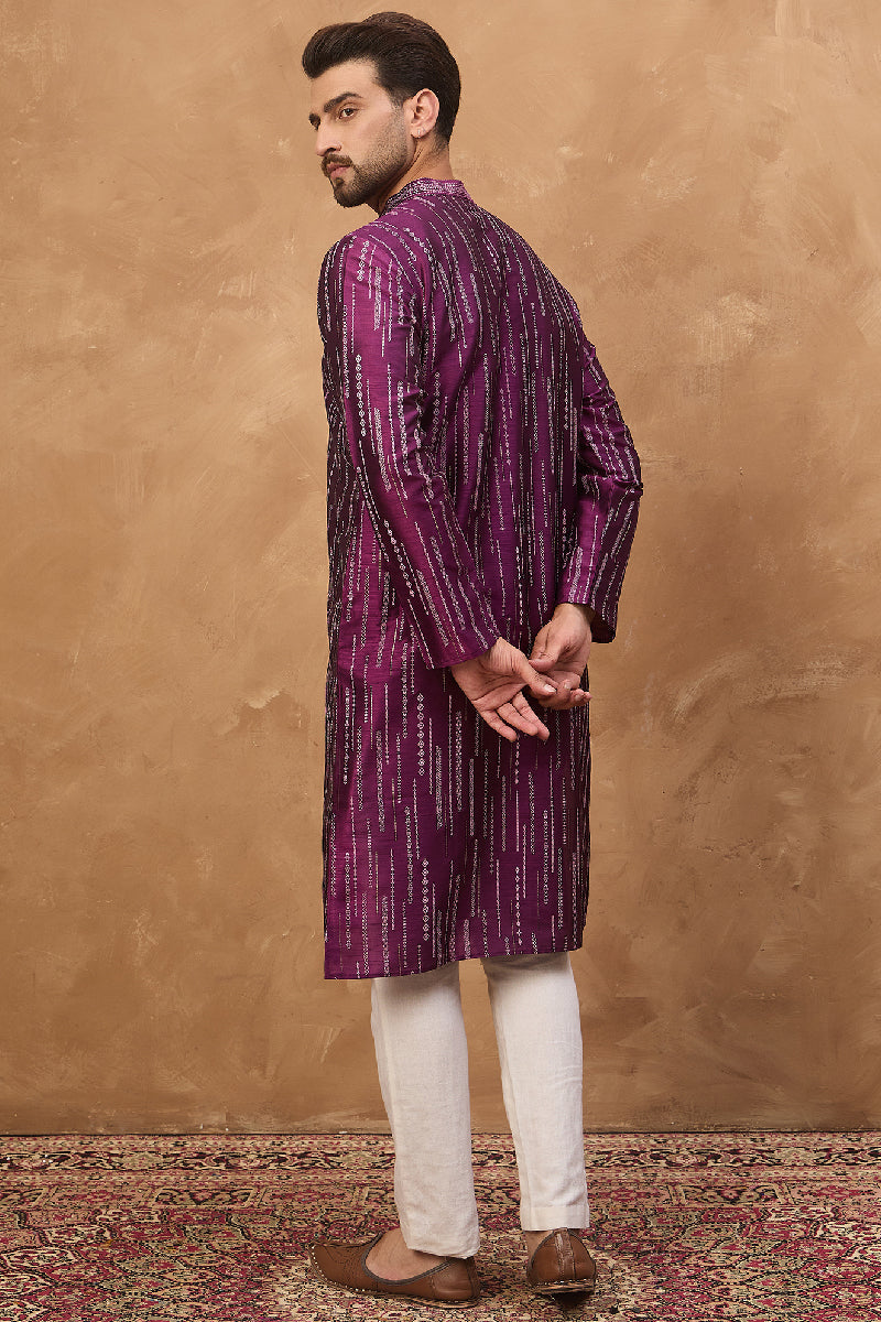 Purple Silk Blend Geometric Printed Straight Kurta With Pant Set