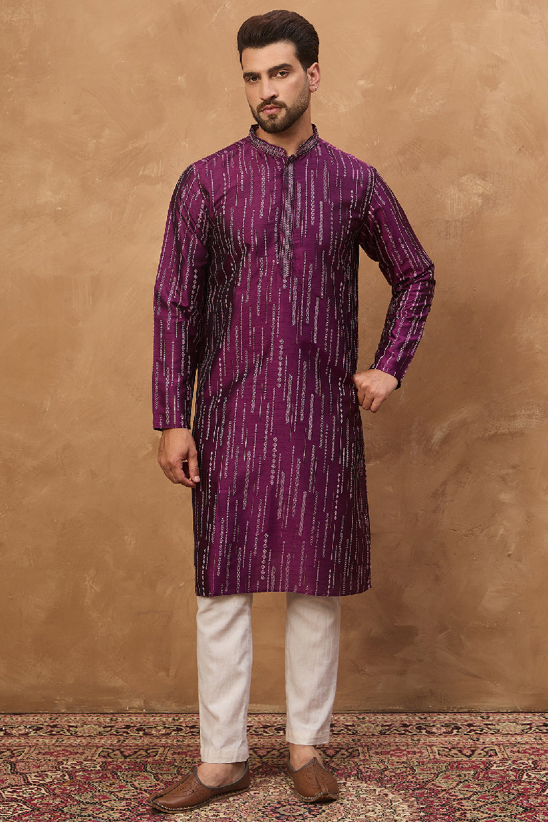 Purple Silk Blend Geometric Printed Straight Kurta With Pant Set