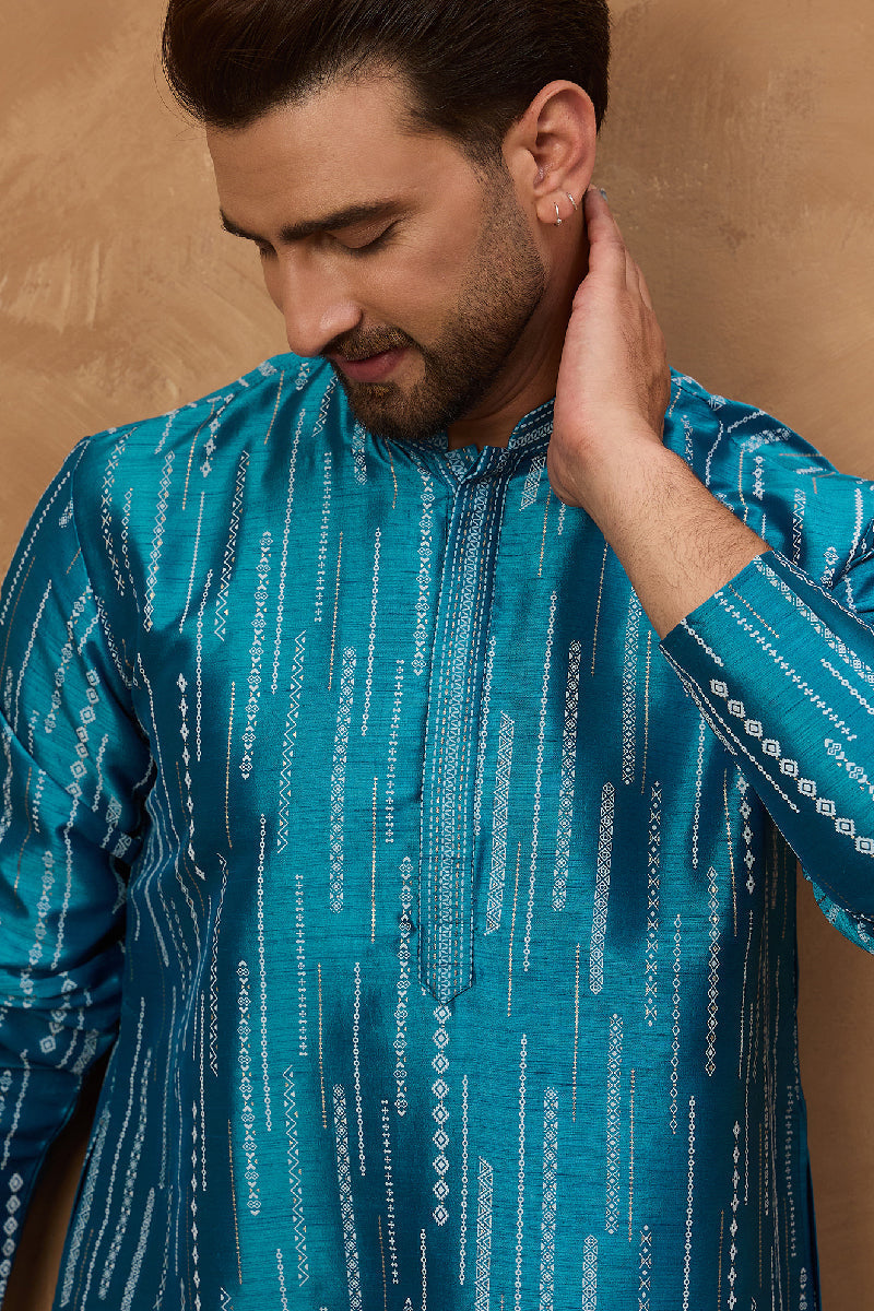 Blue Silk Blend Geometric Printed Straight Kurta With Pant Set MKSET1519