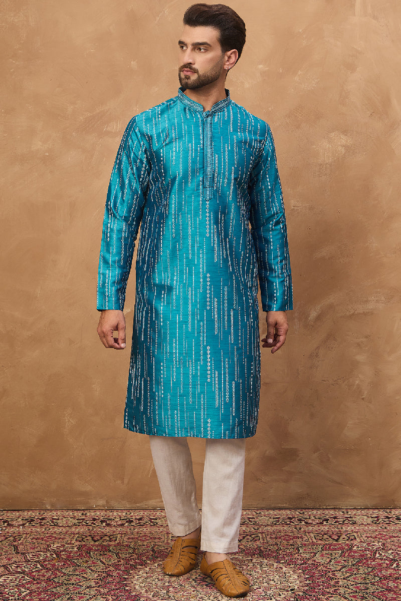 Blue Silk Blend Geometric Printed Straight Kurta With Pant Set MKSET1519