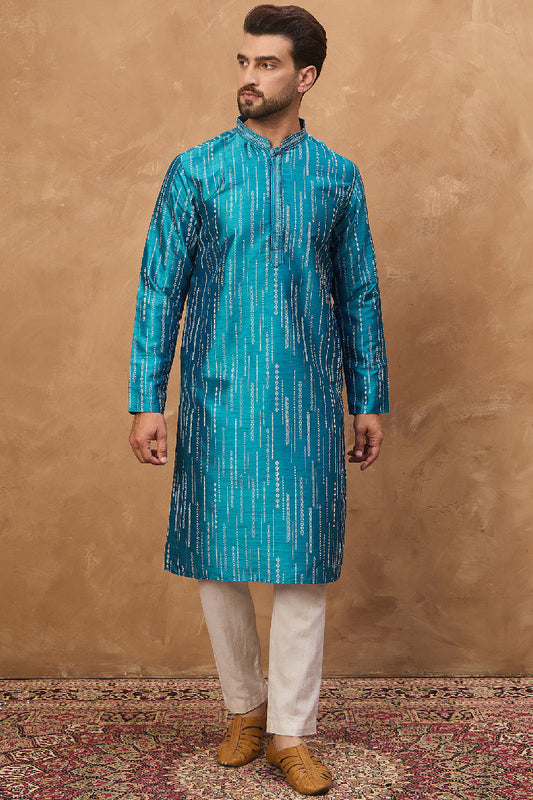 Blue Silk Blend Geometric Printed Straight Kurta With Pant Set MKSET1519