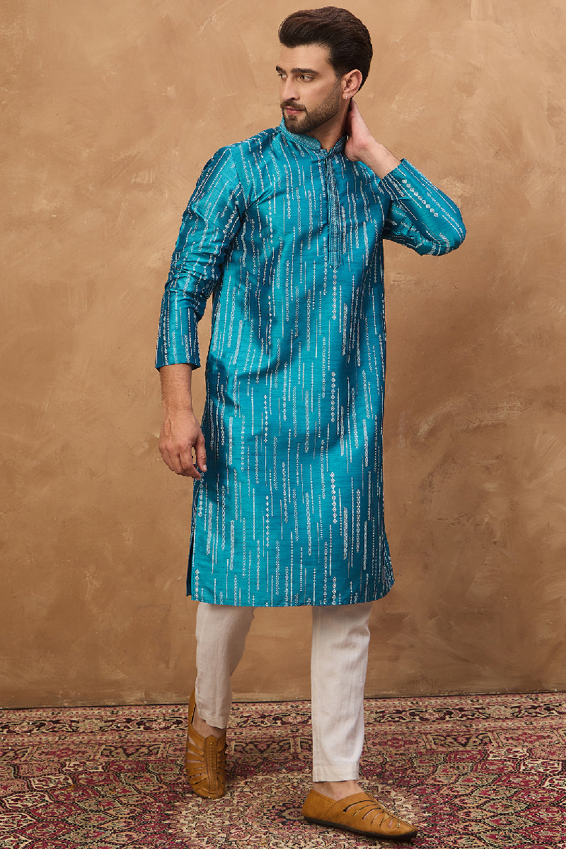 Blue Silk Blend Geometric Printed Straight Kurta With Pant Set MKSET1519