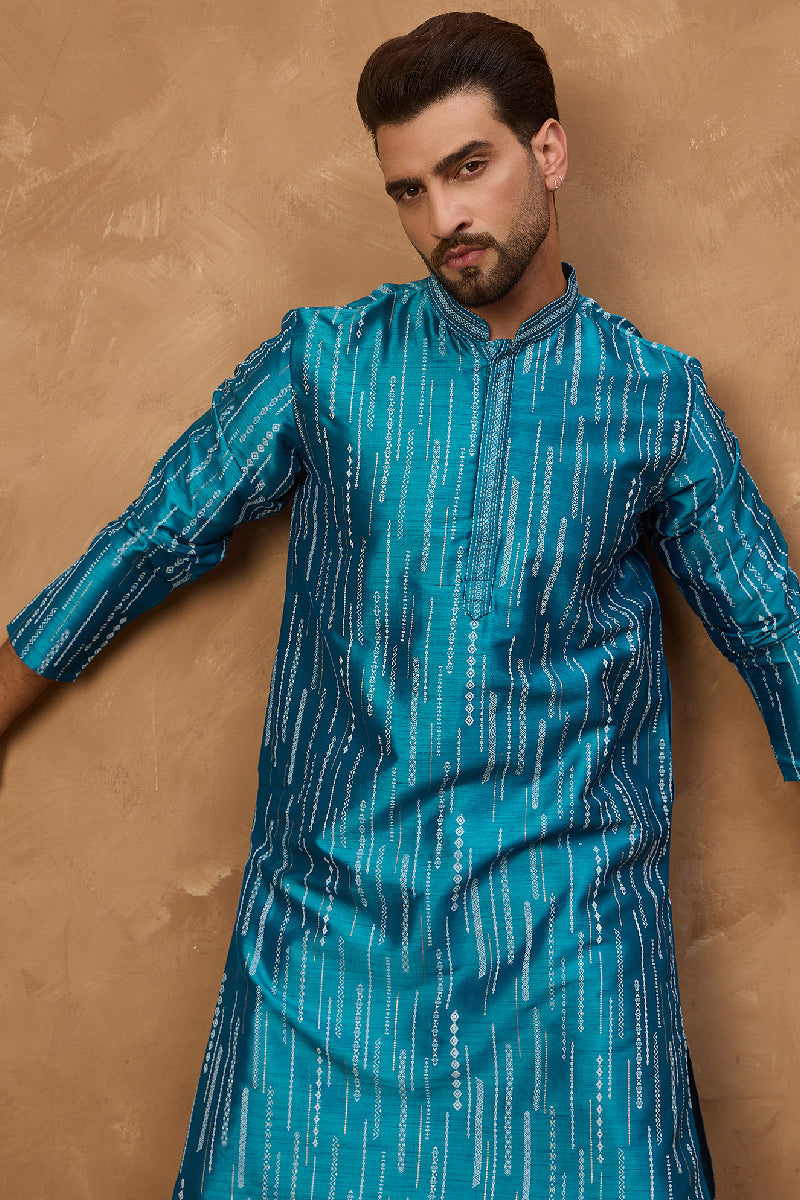 Blue Silk Blend Geometric Printed Straight Kurta With Pant Set