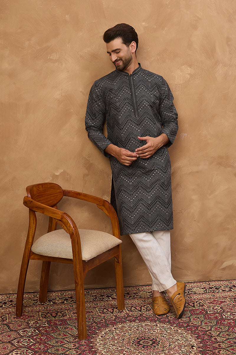 black silk blend geometric printed straight kurta