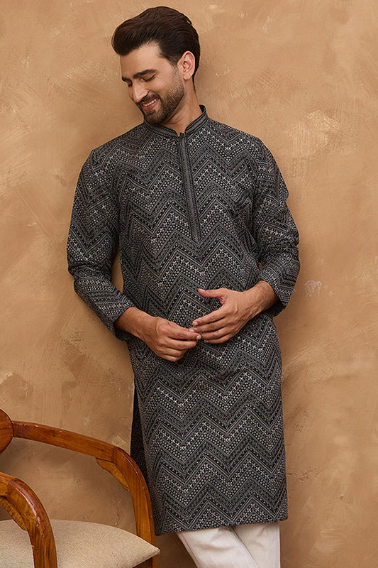 Black Silk Blend Geometric Printed Straight Kurta With Pant Set MKSET1520
