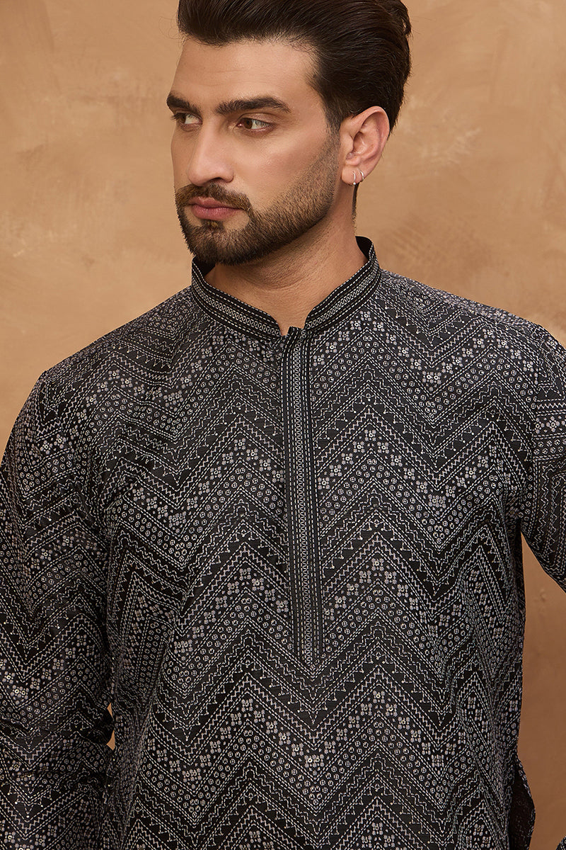 black silk blend geometric printed straight kurta
