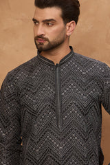 black silk blend geometric printed straight kurta