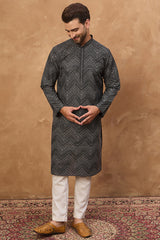 black silk blend geometric printed straight kurta