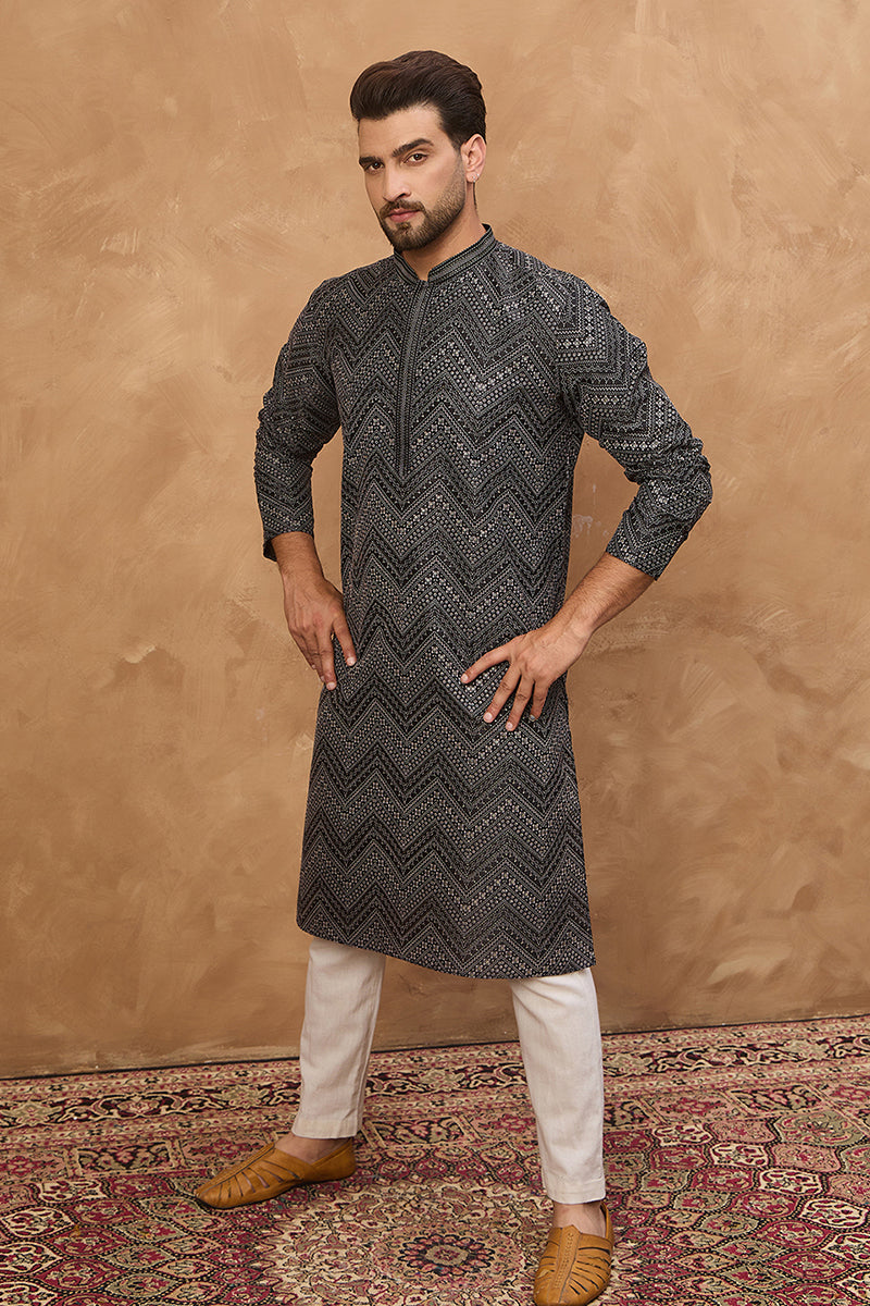 black silk blend geometric printed straight kurta