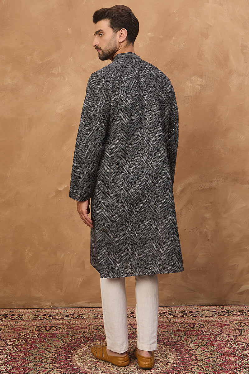black silk blend geometric printed straight kurta