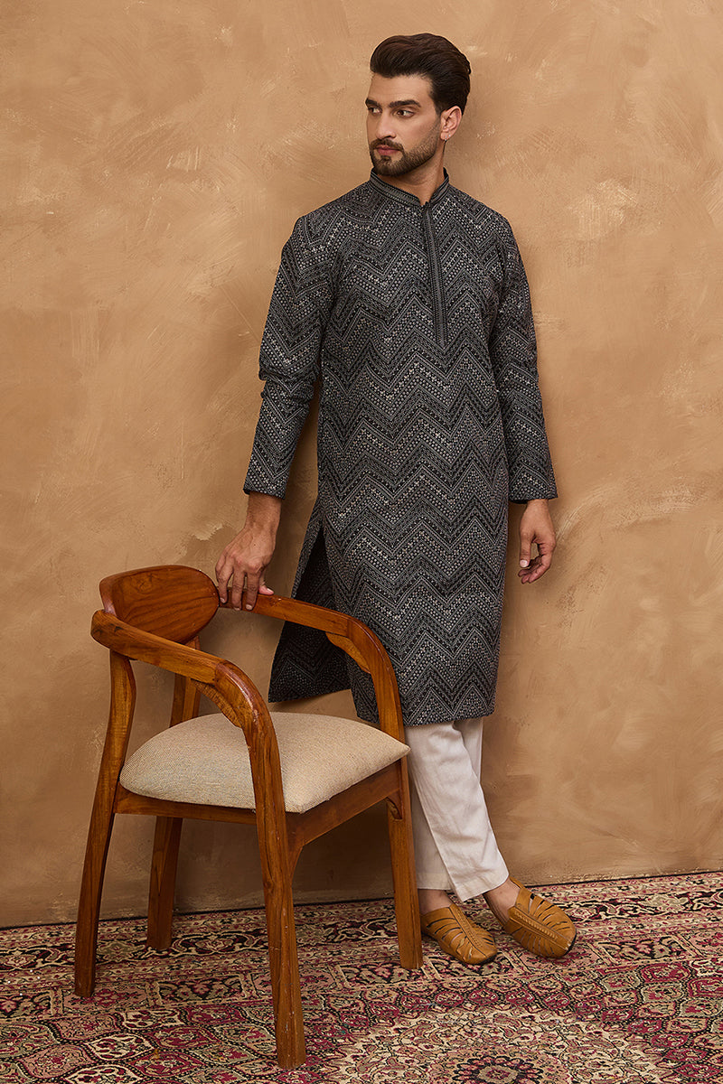 black silk blend geometric printed straight kurta