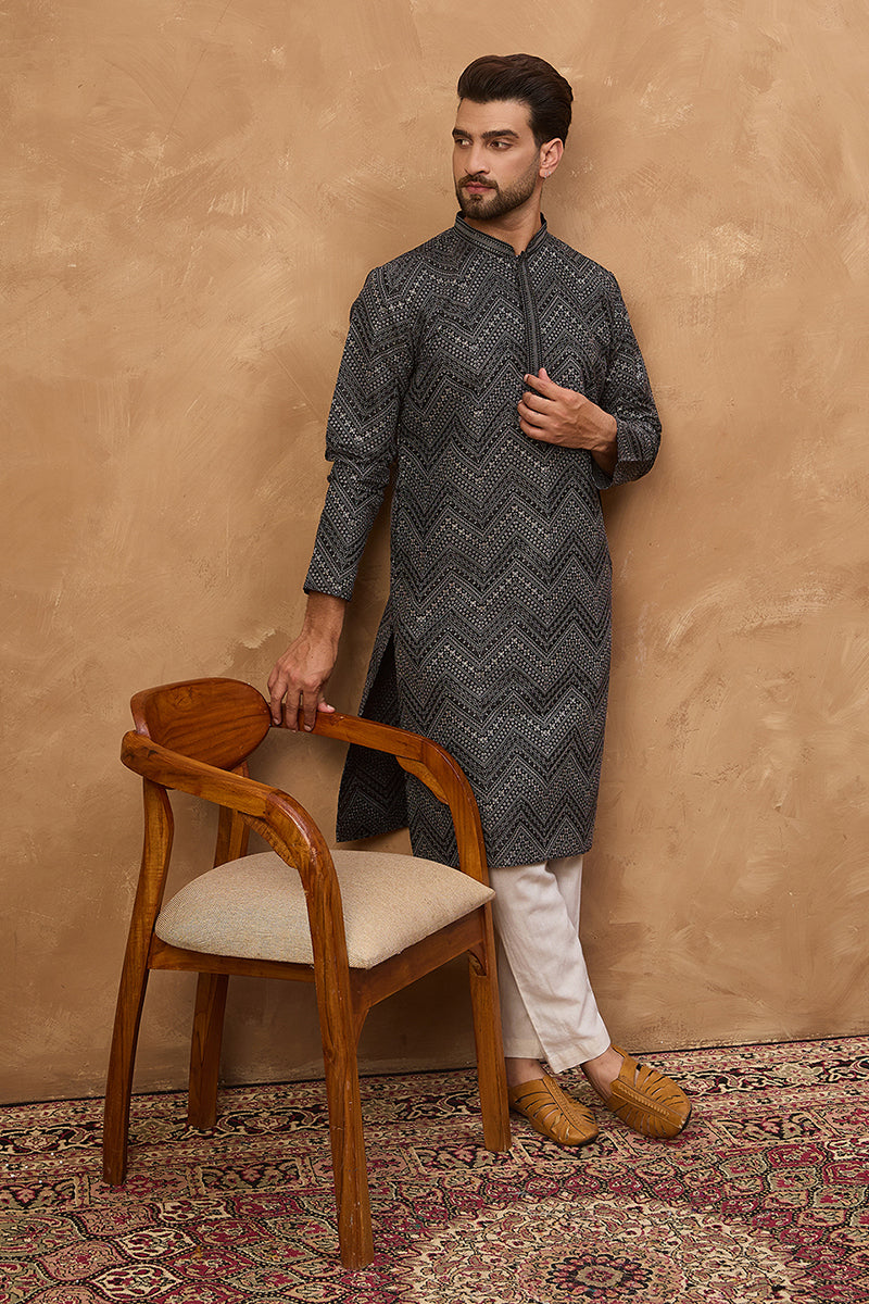 black silk blend geometric printed straight kurta