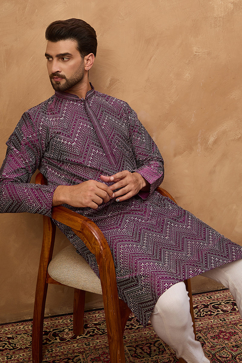 Purple Silk Blend Geometric Printed Straight Kurta With Pant Set MKSET1521