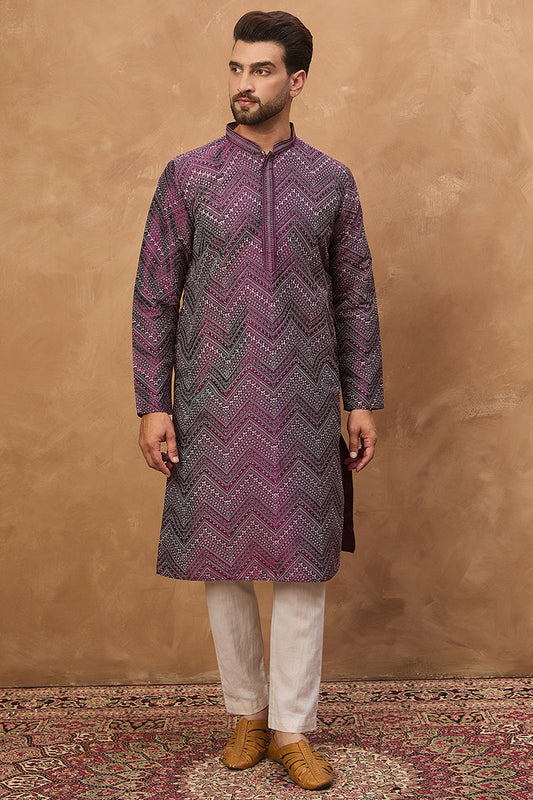 purple silk blend geometric printed straight kurta
