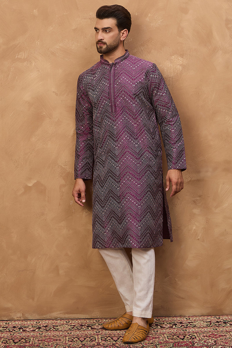 purple silk blend geometric printed straight kurta