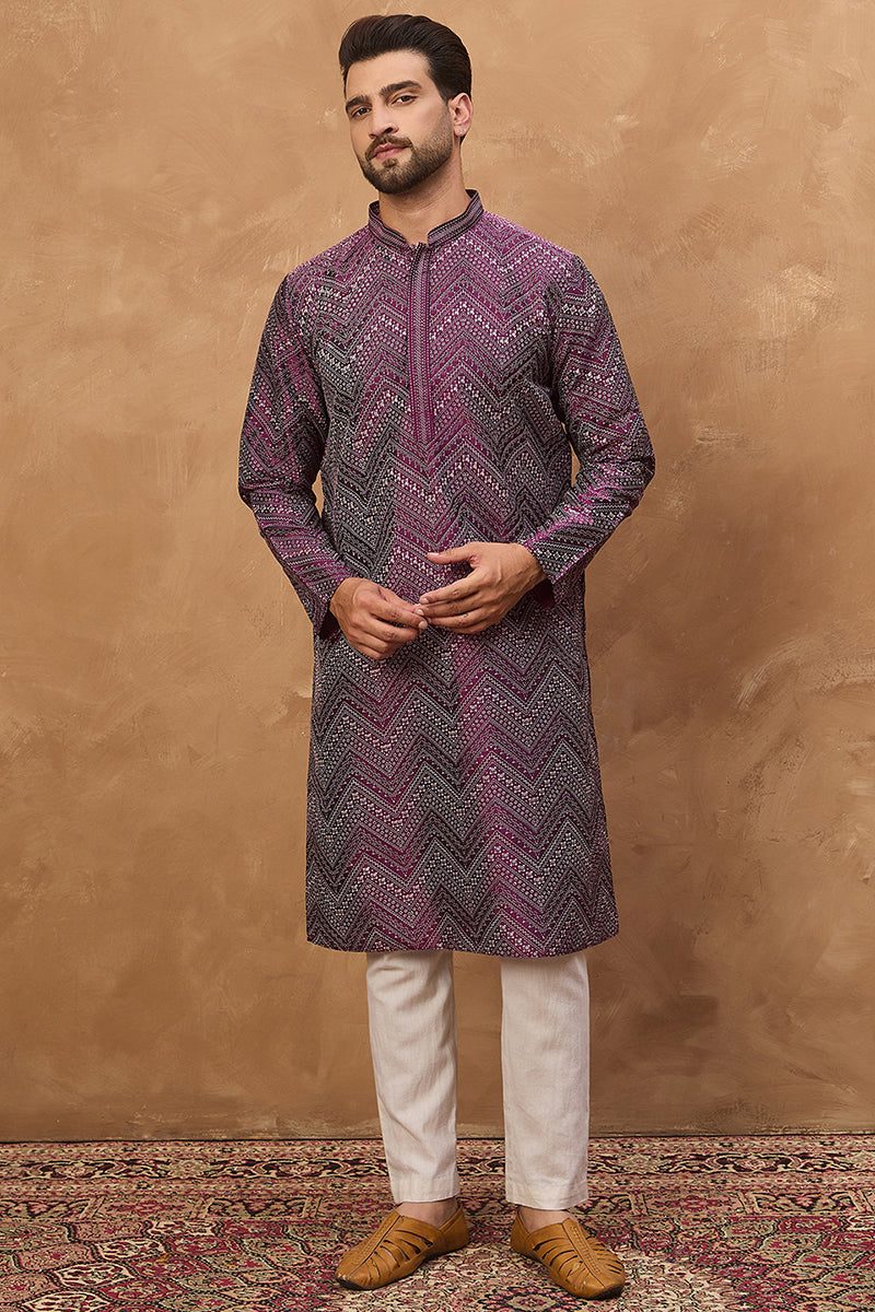 purple silk blend geometric printed straight kurta