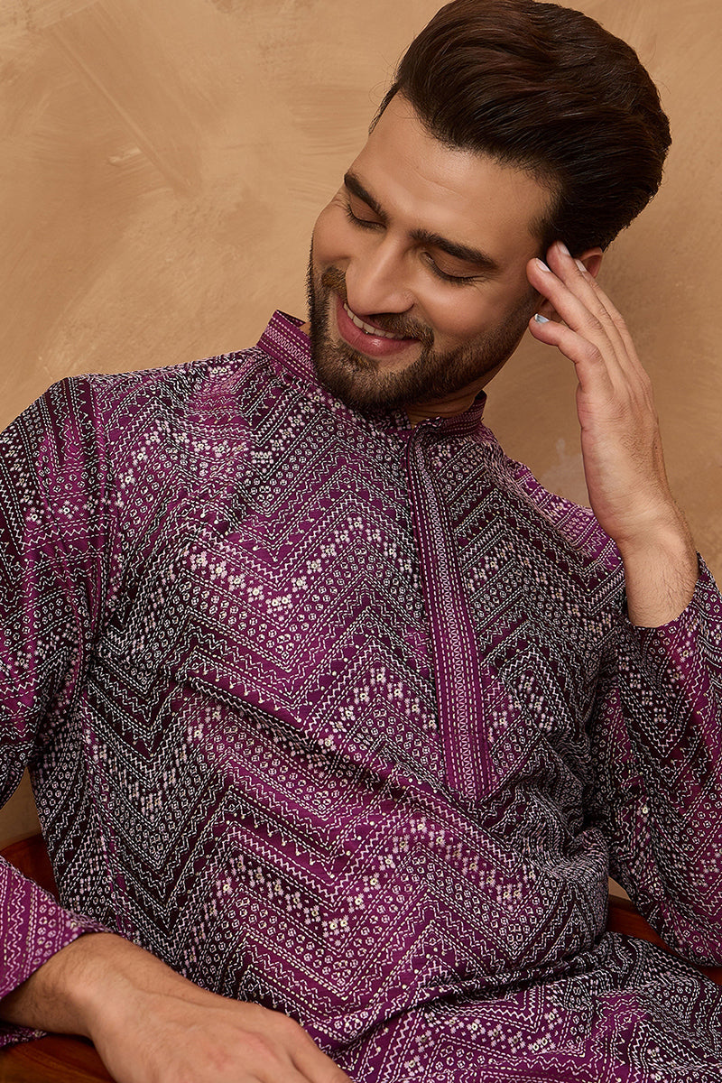 Purple Silk Blend Geometric Printed Straight Kurta With Pant Set