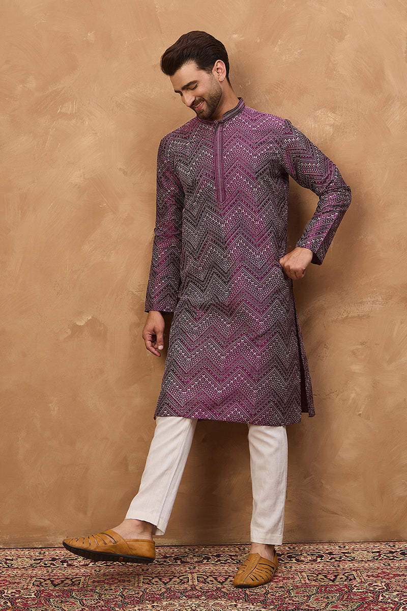 purple silk blend geometric printed straight kurta