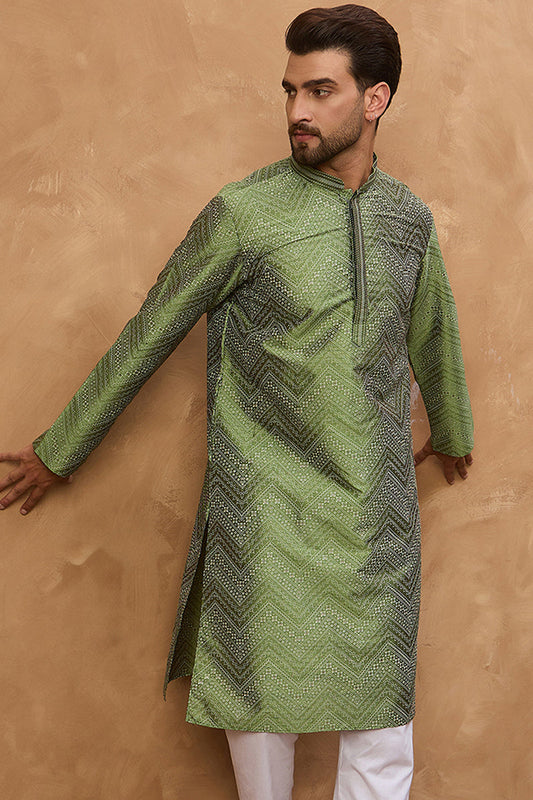 Green Silk Blend Geometric Printed Straight Kurta With Pant Set MKSET1522