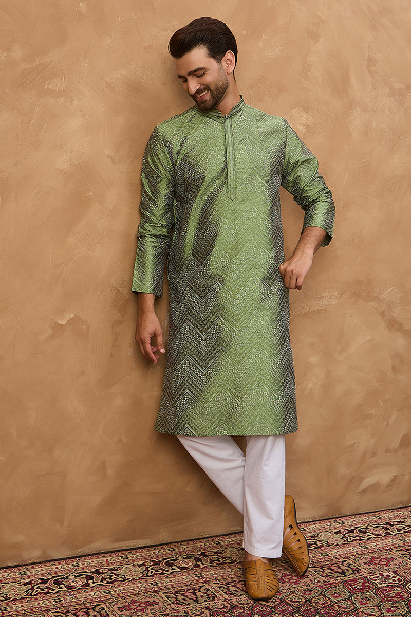 green silk blend geometric printed straight kurta