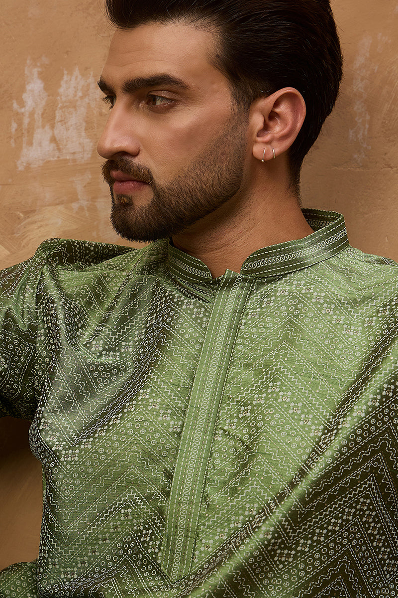 green silk blend geometric printed straight kurta