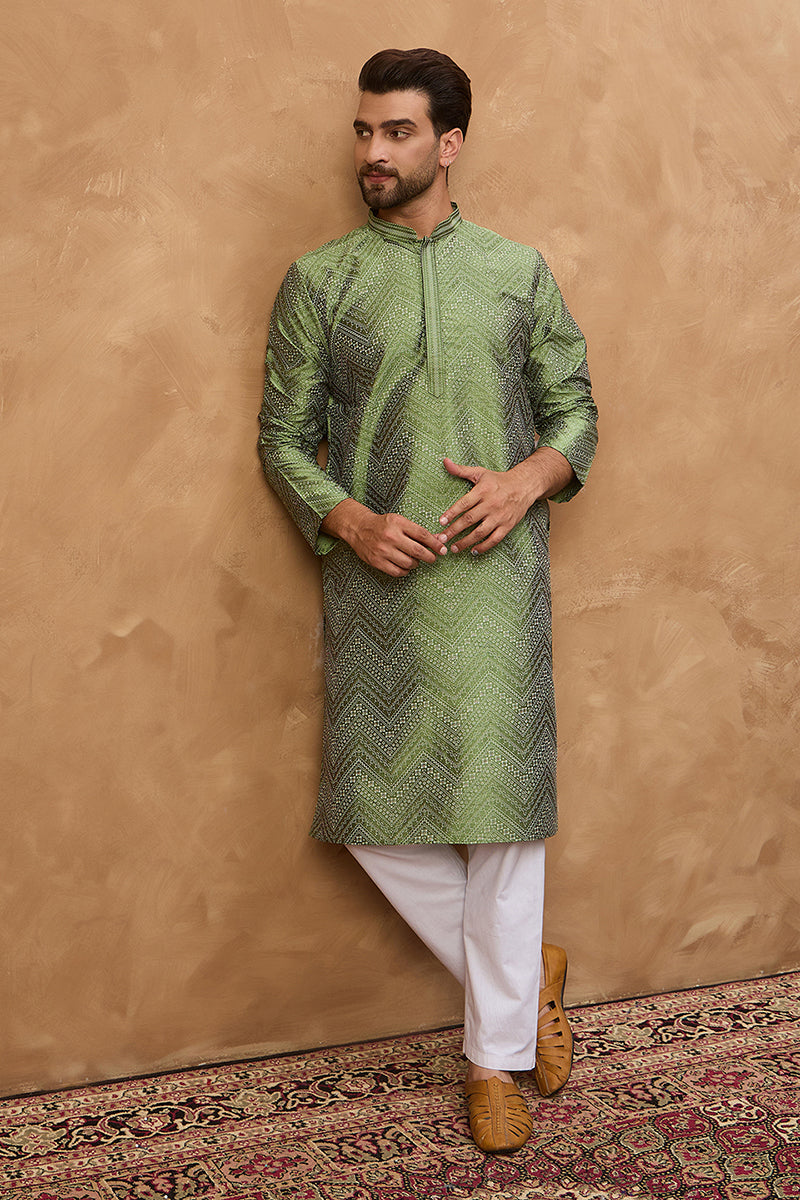 green silk blend geometric printed straight kurta