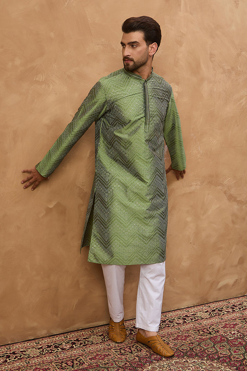 green silk blend geometric printed straight kurta
