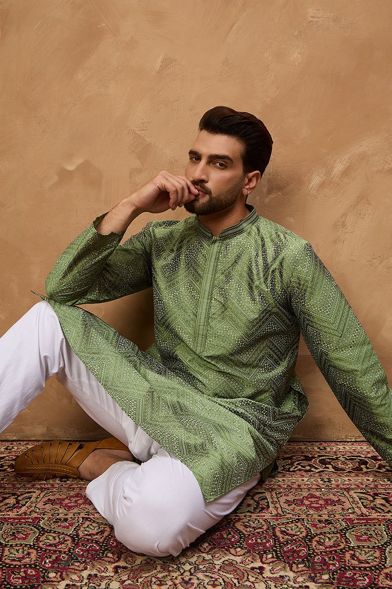 green silk blend geometric printed straight kurta