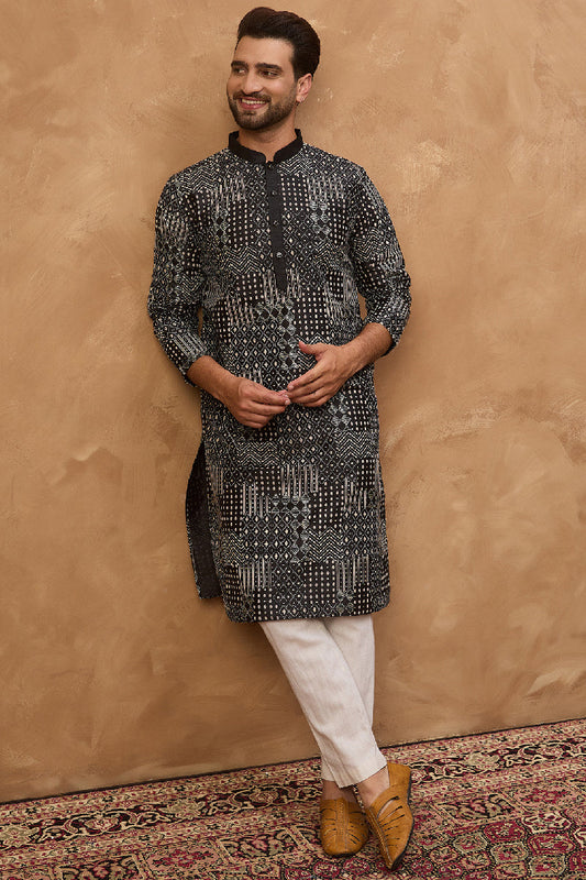 Black Silk Blend Geometric Printed Straight Kurta With Pant Set MKSET1528