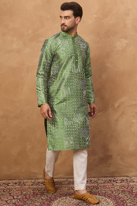 Green Silk Blend Geometric Printed Straight Kurta With Pant Set MKSET1530
