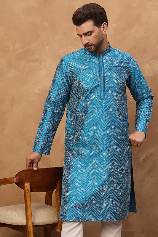 blue silk blend geometric printed straight kurta