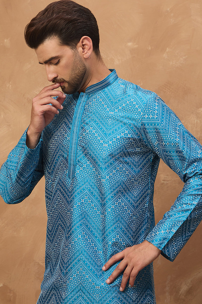 blue silk blend geometric printed straight kurta