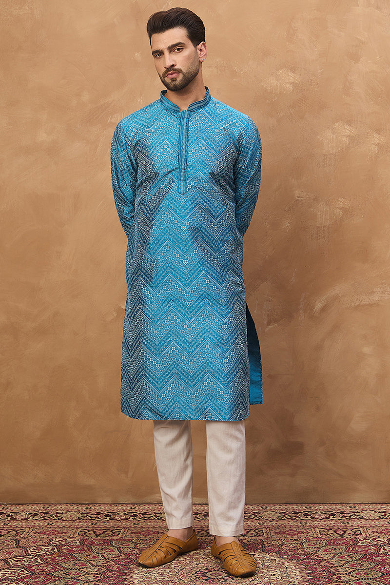blue silk blend geometric printed straight kurta