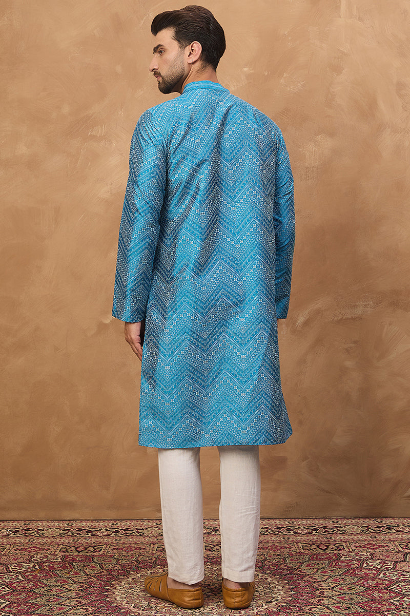 blue silk blend geometric printed straight kurta