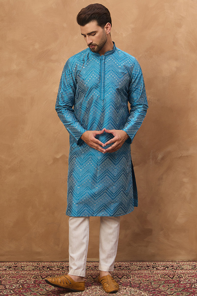 blue silk blend geometric printed straight kurta