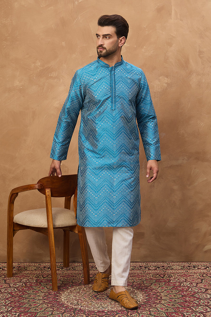blue silk blend geometric printed straight kurta