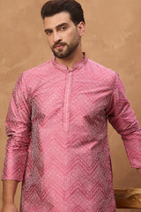 pink silk blend geometric printed straight kurta with pant set
