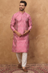 pink silk blend geometric printed straight kurta with pant set