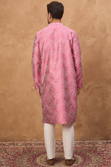 pink silk blend geometric printed straight kurta with pant set