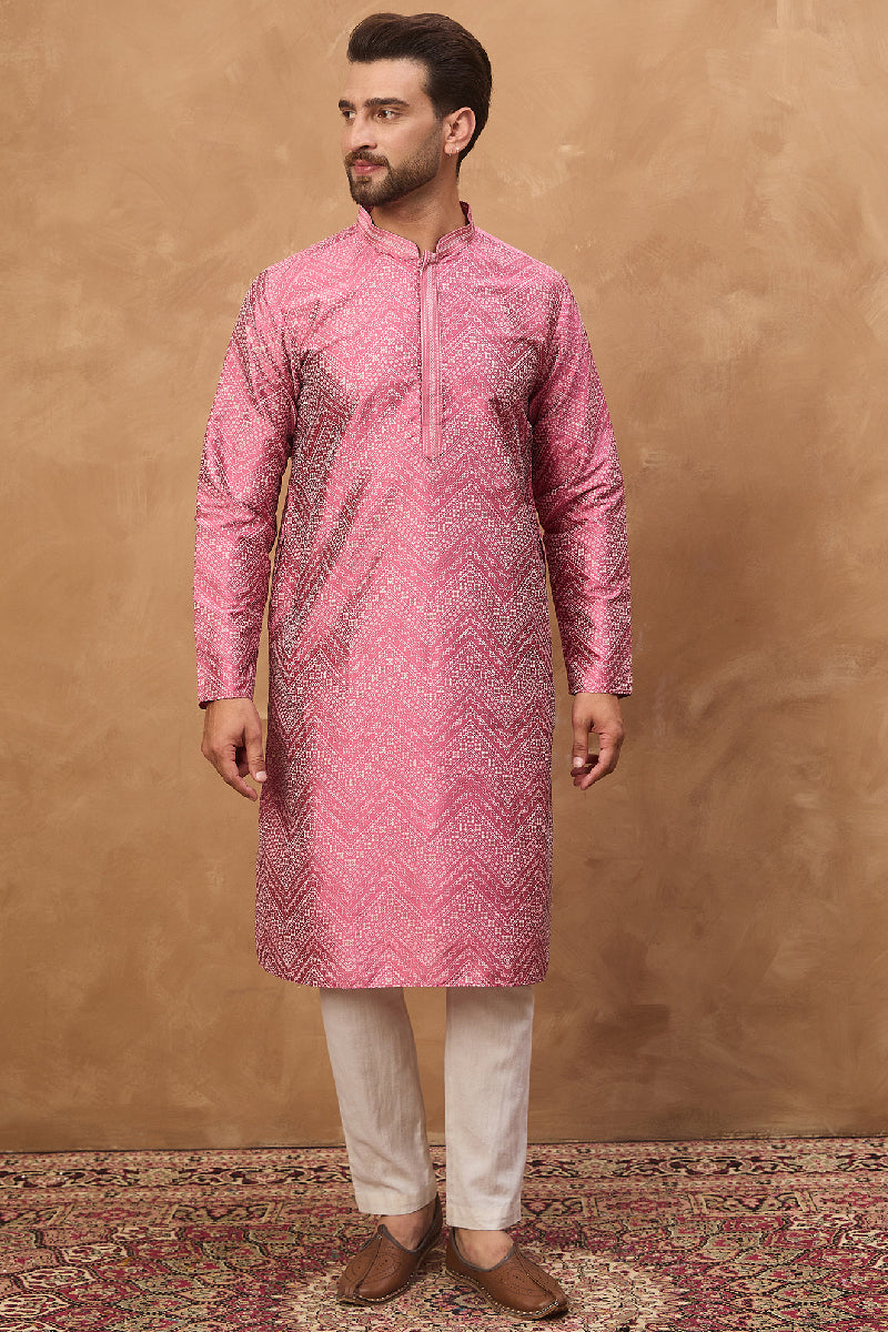 pink silk blend geometric printed straight kurta with pant set